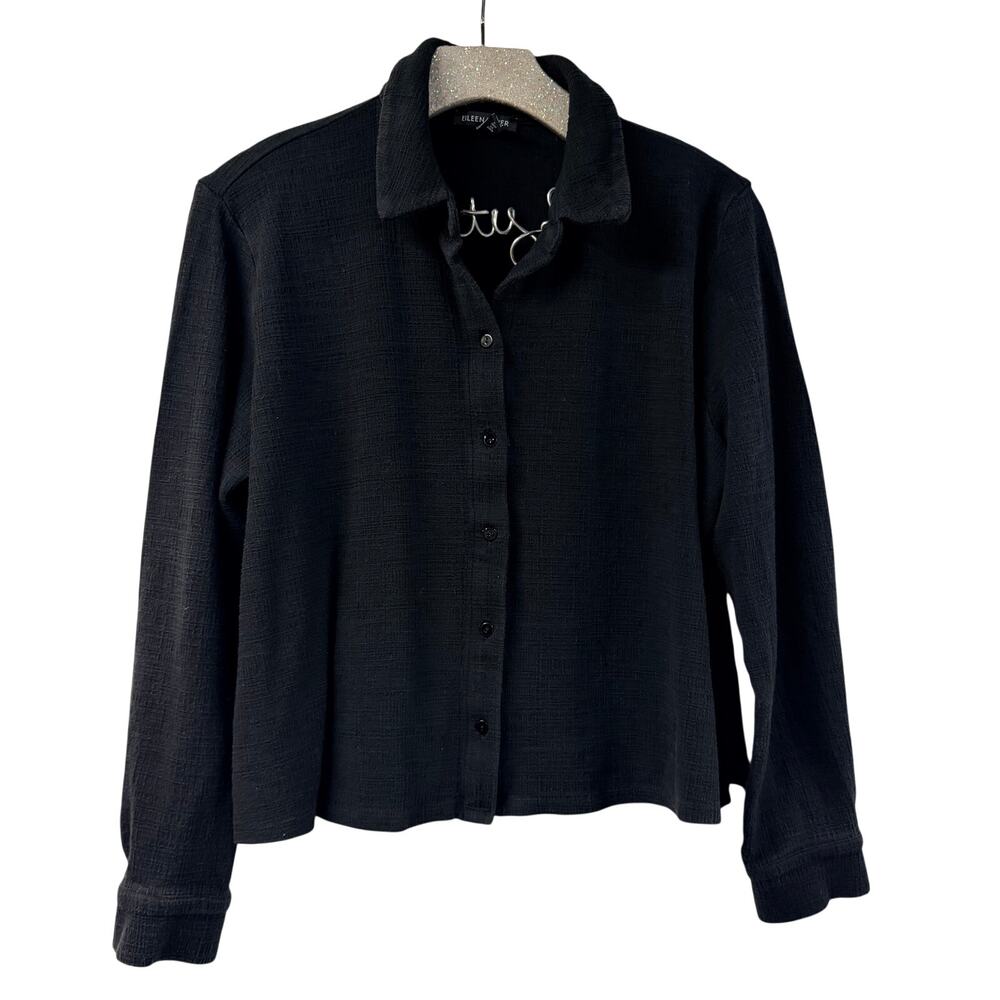 Eileen Fisher Button Front Collared Shirt Crop Boxy Fit Black Textured M Tencel
